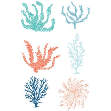 Sevimli sualtı yosun karikatür vektör illüstrasyon motif seti. Deniz okyanus bilimi blog için el çizilmiş izole mercan resifi elemanları clipart.