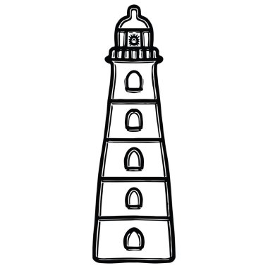 Sevimli tek renkli deniz feneri balık lineart karikatür vektör illüstrasyon motif seti. Yelken blog, deniz grafik, denizcilik için el çizilmiş izole costal dönüm noktası elemanları clipart.