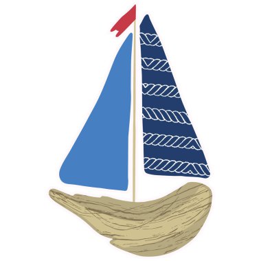 Sevimli lacivert driftwood tekne karikatür vektör illüstrasyon motifseti. Deniz blogu için el çizilmiş izole denizcilik elemanları clipart, deniz grafik, yelken.