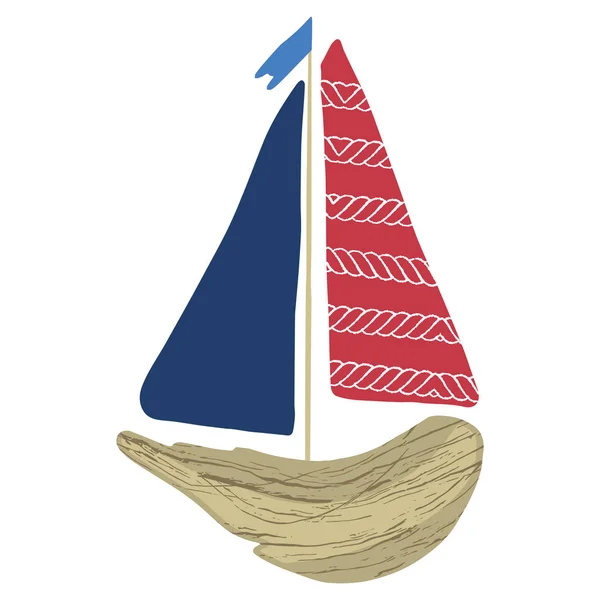 Schattig rood en Navy drijfhout boot cartoon vector illustratie motief set. Hand getekende geïsoleerde zeevaart elementen clipart voor nautische blog, mariene afbeelding, zeilen. — Stockvector