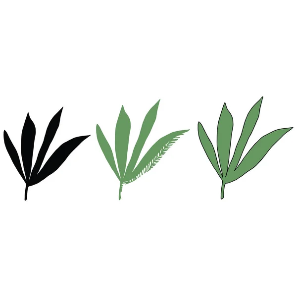 Schattig gebladerte Lineart silhouet cartoon vector illustratie motief set. Hand getekende jungle elementen clipart voor bos blog. Leaf graphics. — Stockvector