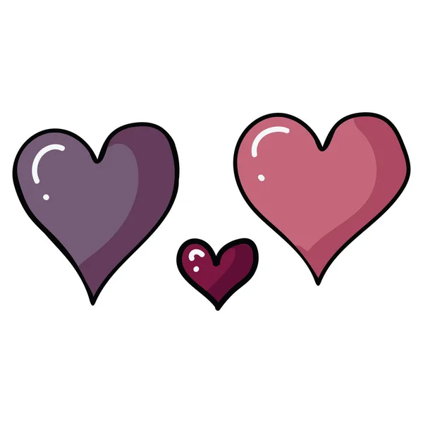 Bonito três Valentim coração cartoon vetor ilustração motivo set. mão desenhado isolado romântico casais símbolo elementos clipart para casamento blog, gráfico rosa, amantes web botões . —  Vetores de Stock