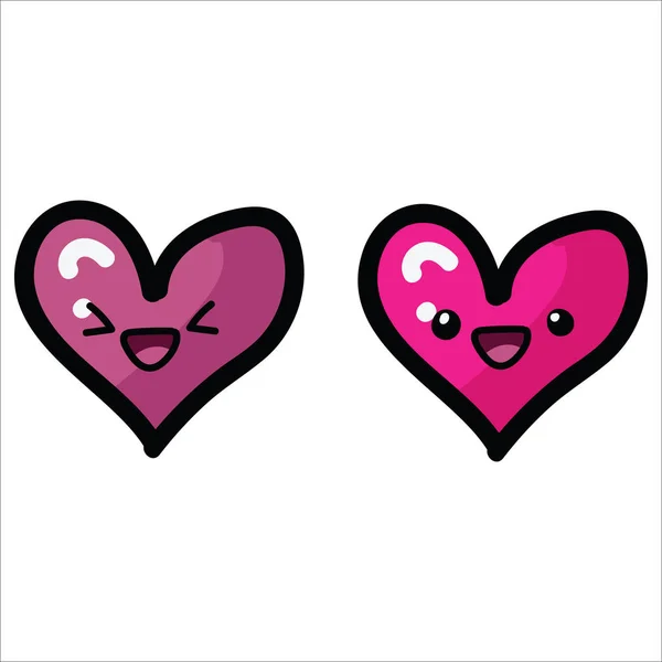 Due kawaii cuore con volto cartone animato vettore illustrazione motivo set. Disegnato a mano isolato coppie romantiche elementi simbolo clipart per il matrimonio blog, grafica rosa, amanti pulsanti web . — Vettoriale Stock
