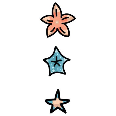 Sevimli tropikal denizyıldızı seti karikatür vektör illüstrasyon motif seti. Okyanus yaratık blog, deniz yaşamı grafik, deniz için el çizilmiş izole akvaryum omurgasız fauna elemanları clipart .