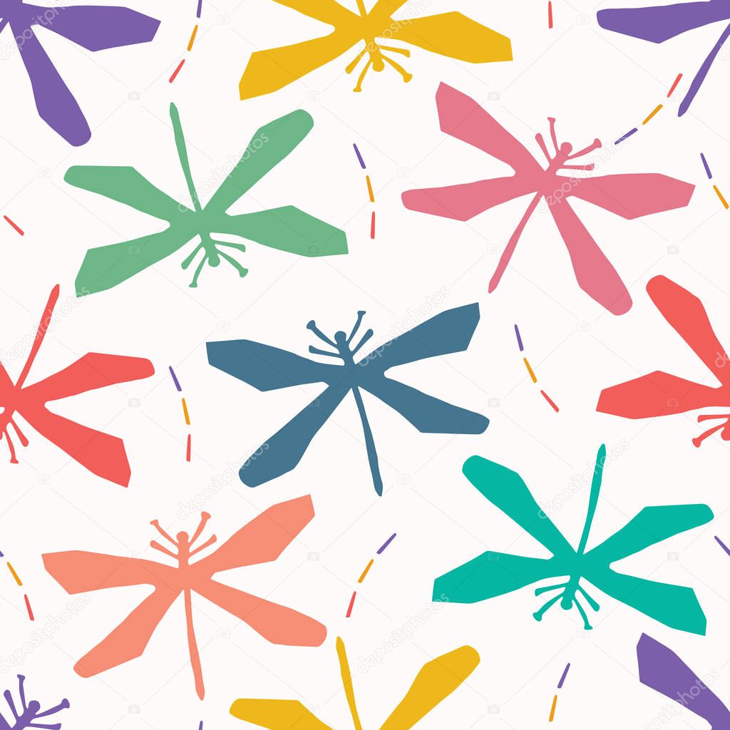 Abstract dragonfly cut out shapes. Vector pattern seamless background. Hand paper cutting wings matisse style. Collage graphic illustration.