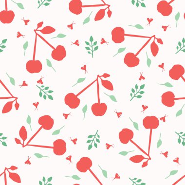 Kiraz meyve dikişsiz vektör desen arka plan. El çizilmiş kağıt kesilmiş. Matisse tarzı. 1950'lerde bahçe halk sanatı yaz arka plan.