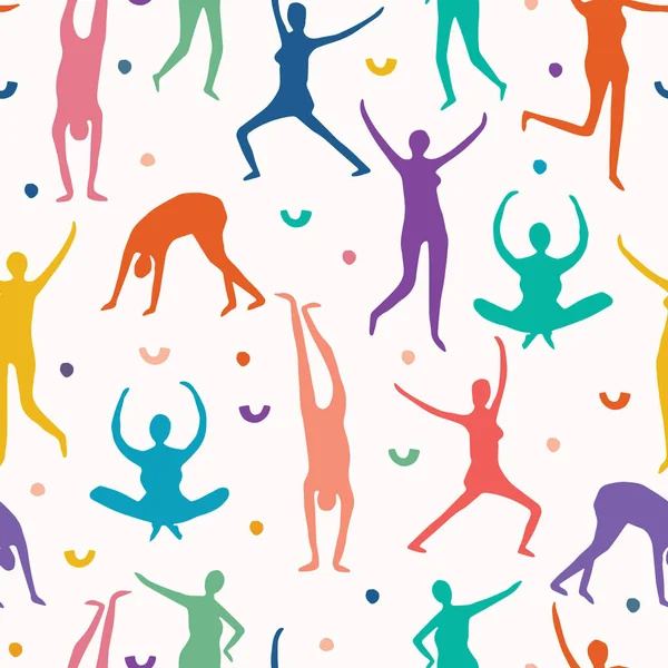 Kadın vücut insanlar dikişsiz vektör deseni poz. Yoga, baskı arka plan her yerinde dans sporu duruş. Kağıt insan figürleri kesip.
