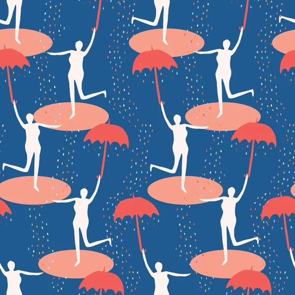 Ženská postava s otevřeným deštníkem. Zpívání v dešti bezproblémové vektorové schéma. Žena skáče vodou v kaluži. Koncept štěstí, radosti, wellness. — Stockový vektor