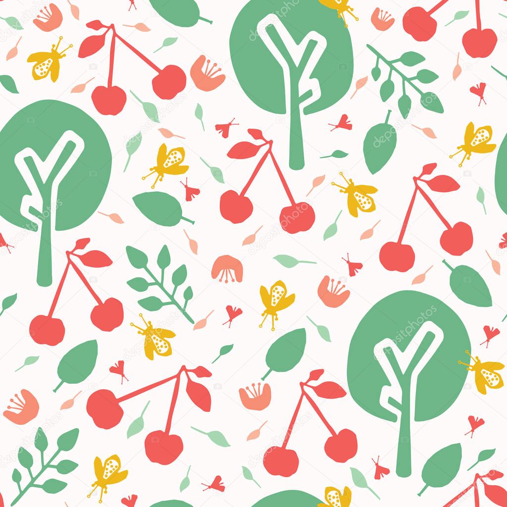Cherry tree orchard seamless vector pattern background. Hand drawn tossed red cherries paper cut out. Matisse style. Fruit garden folk art all over print.