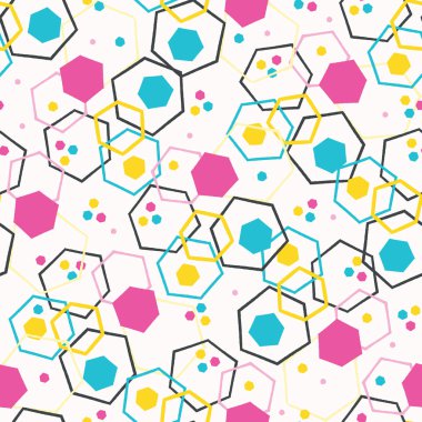 Geometrik retro altıgen şekil dikişsiz desen. Baskı vektör arka planının her yerinde. Yaz 1950'lerde memphis tarzı moda.