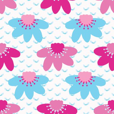Parlak yaz papatya çiçek dikişsiz desen çiçek. Baskının her yerinde stilize retro çiçek. Pretty 1950'lerin mavi pembe kadınsı moda tarzı.