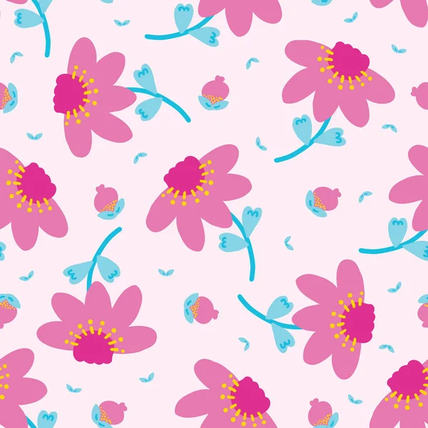 Hellen Sommer Gänseblümchen blühen nahtlose Muster. stilisierter Retro-Floral-Überdruck. hübscher femininer Mode-Stil der 1950er Jahre in blau-rosa. — Stockvektor