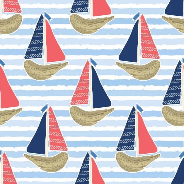 Cute driftwood sailboat on the blue ocean sea pattern. Marine water stripes seamless vector background. Sailing vessel for nautical all over prints, cruise fashion textiles. — Stock Vector