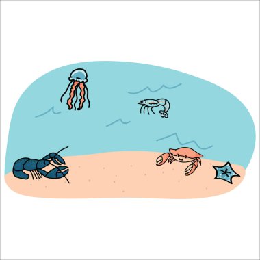 Okyanus tabanı karikatür vektör illüstrasyon motif seti sevimli deniz hayvanları. Deniz yaşamı blog, denizanası ve yengeç grafik için el çizilmiş izole deniz yaşamı karides ve ıstakoz clipart çizilmiş.