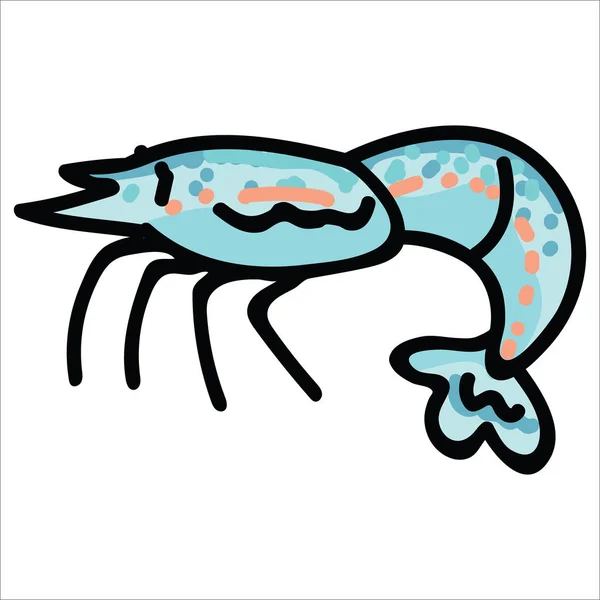 Cute fresh shrimp cartoon vector illustration motif set. Hand drawn isolated crustacean elements clipart for marine life blog, prawn graphic, shrimp web buttons — Stock Vector