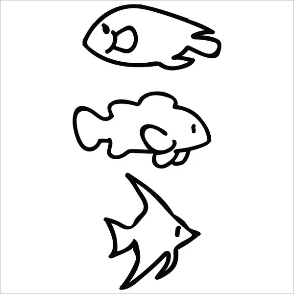 Lindo peces tropicales monocromo lineart ilustración vector de dibujos animados conjunto de motivos. Peces cirujano aislado dibujado a mano, peces payaso y peces ángel elementos clipart para la vida acuática blog, océano bajo el agua . — Archivo Imágenes Vectoriales