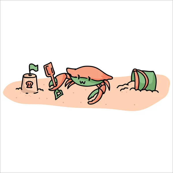 Kepiting lucu di pantai kartun vektor motif gambar ditetapkan. Tangan digambar terisolasi crustacea elemen lubang pasir clipart untuk ember dan blog sekop, istana pasir grafis . - Stok Vektor