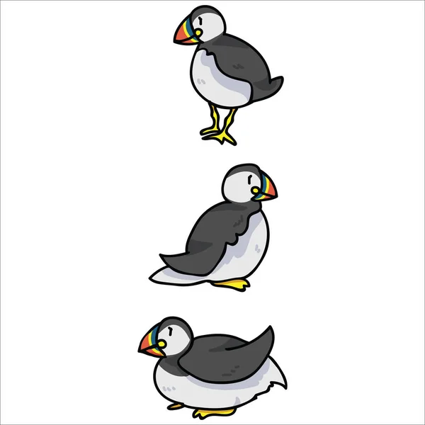 Mignon groupe de macareux couché dessin animé vectoriel motif ensemble. Faune isolée dessinée à la main éléments de la mer clipart pour blog d'observation des oiseaux nautiques, graphique des oiseaux, boutons de plumes web . — Image vectorielle