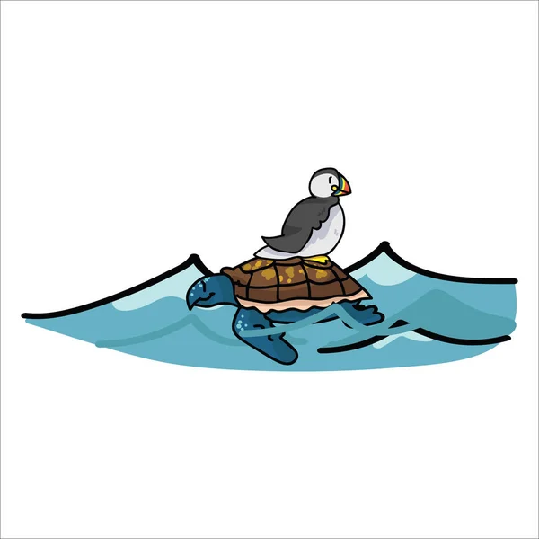 Puffin bonito equitação tartaruga desenho animado vetor ilustração motivo definido. Clipart de elementos de vida selvagem à beira-mar isolado desenhado à mão para blog náutico, shell gráfico, botões de web oceano . —  Vetores de Stock