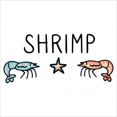 Sevimli karides tipografi karikatür vektör illüstrasyon motif seti. El çizilmiş izole deniz ürünleri karides elemanları. Okyanus metin blog, yaban hayatı grafik, denizyıldızı web düğmeleri için Clipart. 