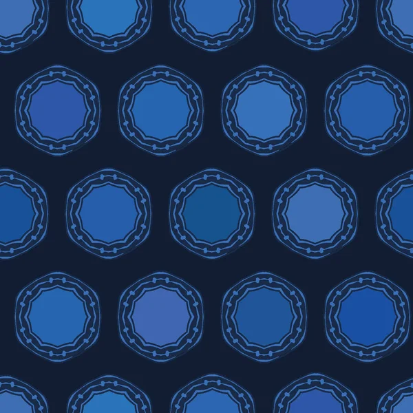 Indigo blauw abstracte organische gesneden Dotty cirkels. Vector patroon naadloze achtergrond. Hand getekende getextureerde stijl. Polka dot strepen illustratie. Trendy Home decor, speelse ring mode print, wallpaper. — Stockvector