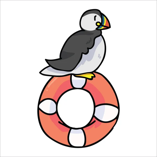 Sevimli puffin lifering karikatür vektör illüstrasyon oturuyor. El çizilmiş deniz kuşu izole elemanları. Life guard blog için Clipart. Güvenlik grafiği, kuş web düğmeleri. — Stok Vektör