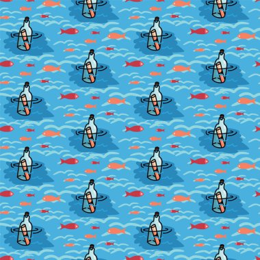 Balık karikatür dikişsiz vektör deseni ile bir şişe sevimli yüzen mesaj. El çizilmiş kazalak not ala. Deniz blogu, parşömen grafik, okyanus ev dekorasyonu için baskı her yerinde.