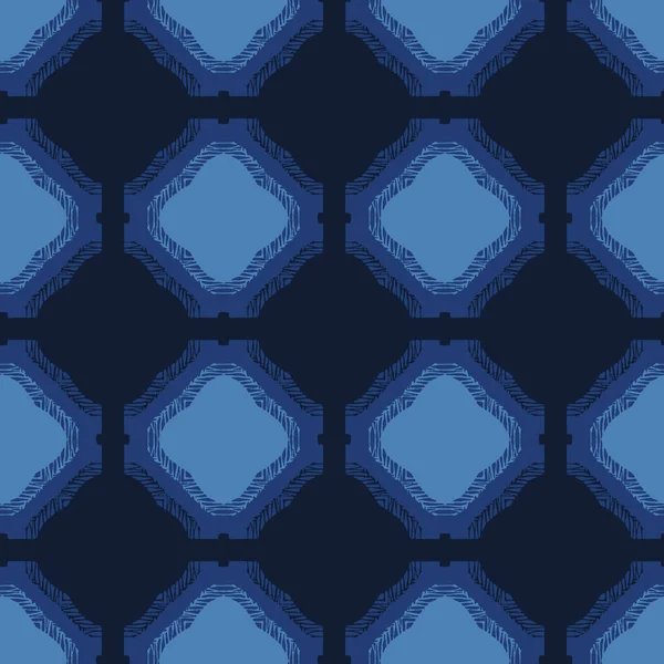 インディゴブルーのモザイクタイル形状。ベクトルパターンシームレスな背景。手描きの幾何学的なグラデーショングリッドグラフィックイラスト。トレンディなレトロな家の装飾、ボーホ男性的なファッションプリント、ネイビージオ壁紙. — ストックベクタ