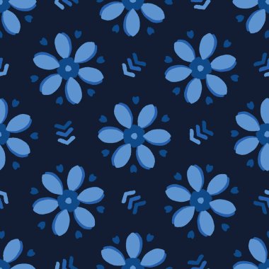 Indigo mavi papatya çiçek şekilleri. Vektör deseni sorunsuz arka plan. El çizilmiş geometrik stilize çiçek illüstrasyon. Trendy ev dekorasyonu, asya moda baskı, japon stilize lacivert denim duvar kağıdı