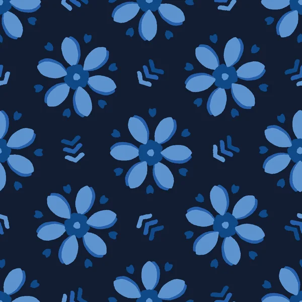 Indigo azul margarita formas florales. Patrón vectorial sin costura de fondo. Ilustración de flores estilizadas geométricas dibujadas a mano. Decoración de moda para el hogar, impresión de moda asiática, papel pintado de mezclilla azul marino estilizado japonés — Vector de stock
