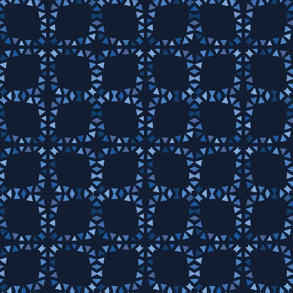 Índigo azulejos de mosaico azul formas. Patrón vectorial sin costura de fondo. Ilustración gráfica de cuadrícula geométrica dibujada a mano. Decoración del hogar retro de moda, impresión de moda masculina boho, fondo de pantalla geográfico marino . — Vector de stock