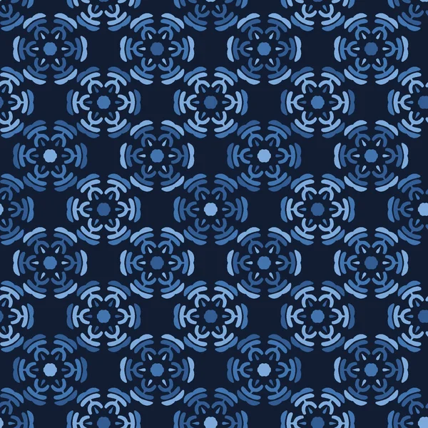 Indigo blue gradient dyed mosaic flower tiles. Vector pattern seamless background. Hand drawn textured style. Ethnic quilt circle illustration. Trendy home decor, men shirt fashion print, wallpaper. — Stock Vector