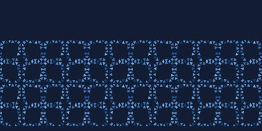 Indigo mavi mozaik karo şekiller. Vektör kenarlığı deseni sorunsuz arka plan. El çizilmiş geometrik yorgan ızgara grafik. Trendy retro ev dekorasyonu, boho erkeksi moda kenar, lacivert jeo denim kurdele döşeme