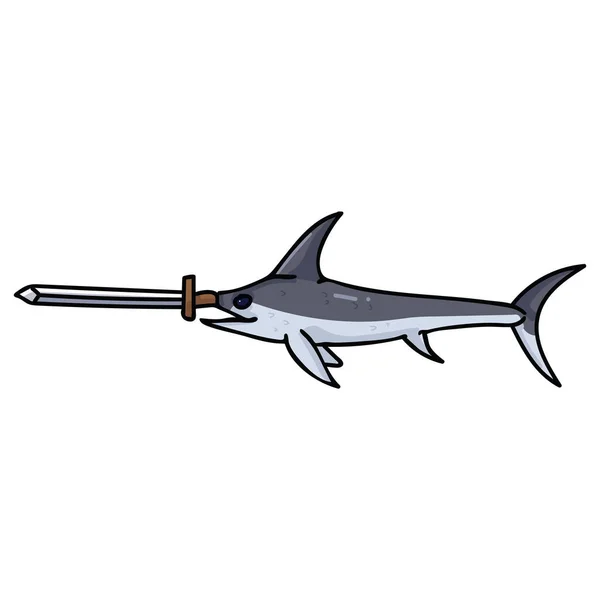 Gerçek kılıç karikatür vektör illüstrasyon motif seti ile sevimli kılıç balığı. Deniz blogu, kılıç grafiği, balıkçılık web düğmeleri için el çizilmiş izole deniz yaşamı elemanları clipart. — Stok Vektör