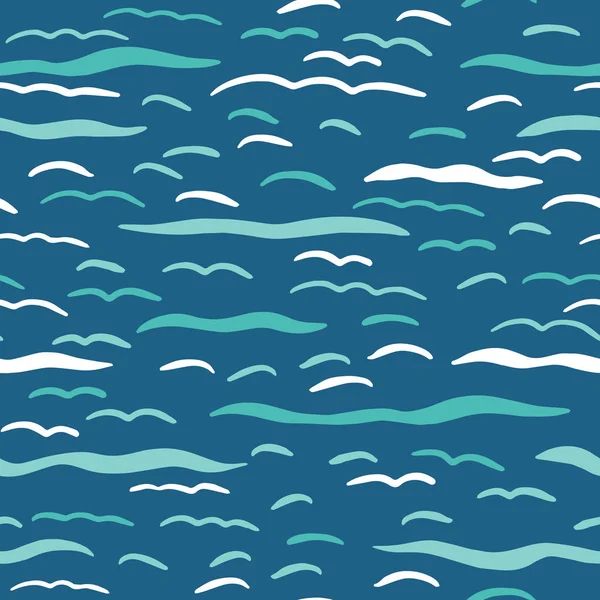 绿松石蓝色海浪无缝矢量图案。手绘海滨海滩水瓦。波浪水各地打印航海博客，航海纺织品，海上家居装饰。潮湿的湖泊，河流，海布 — 图库矢量图片