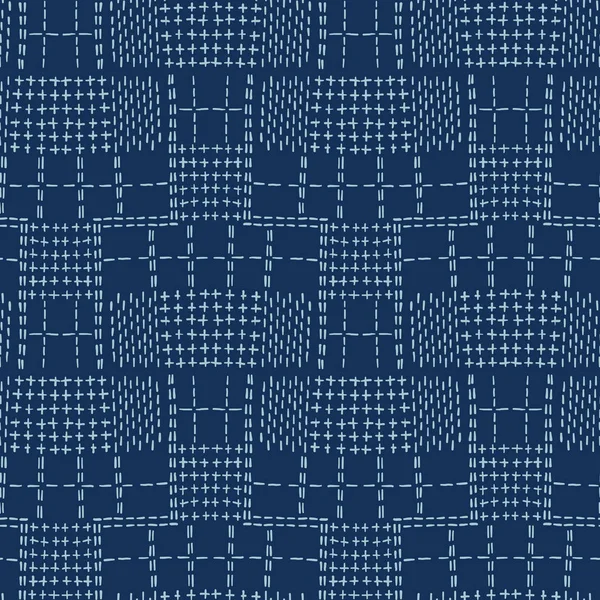 Damast motief Sashiko Stitch patroon. Japanse naaldwerk naadloze vector achtergrond. Hand getrokken cross patch textuur textiel afdrukken. Klassieke Japan borduurwerk, Aziatische fusion kimono gewatteerde sjabloon. — Stockvector