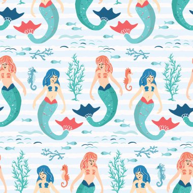 Sevimli büyülü mavi denizkızı dikişsiz desen. El çizilmiş karikatür vektör illüstrasyon. Çizgili deniz hayvanları altında Büyülü fantezi. Deniz plaj tekstili, çocuklar eğlenceli deniz hayatı moda baskıları her yerinde.