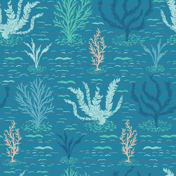 Dibujado a mano coral arrecife océano patrón inconsútil. Ilustración de vectores marinos tropicales. Bajo el fondo del agua de mar. Textiles náuticos de playa, moda costera para niños por todas partes. Azul turquesa — Vector de stock