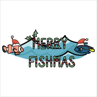 Sevimli sualtı neşeli fishmas kart karikatür vektör illüstrasyon motif seti. Holly blog için el çizilmiş izole santa şapka xmas elemanları clipart, deniz grafik. 
