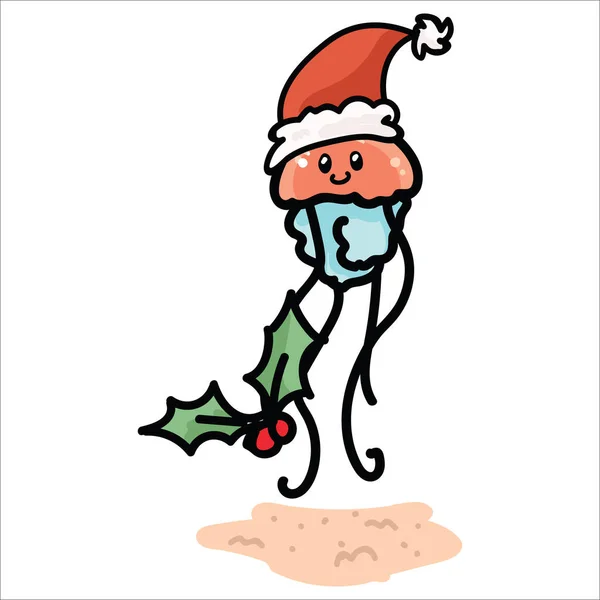 Niedlichen Unterwasser-Weihnachtsquallen mit kawaii Gesicht Cartoon Vektor Illustration Motivset. handgezeichnet isoliert Weihnachtsmann Weihnachten Elemente Cliparts für Stechpalme Blog, nautische Grafik. — Stockvektor