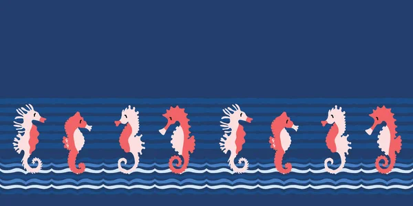 Cute seahorses cartoon illustration border pattern. Hand drawn ocean animals seamless vector background. Nautical beach wear, under the sea kids fashion trim. Sealife fun underwater aquarium banner — Stock Vector