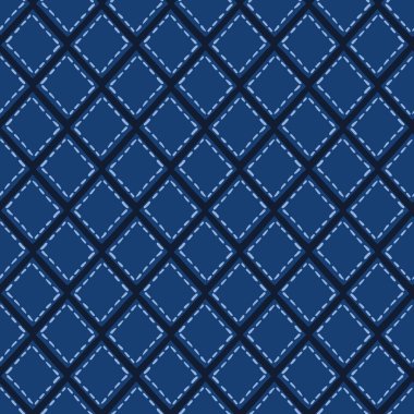 Indigo mavi mozaik karo şekiller. Vektör deseni sorunsuz arka plan. El çizilmiş geometrik yorgan ızgara grafik illüstrasyon. Trendy retro ev dekorasyonu, boho erkeksi moda baskı, lacivert jeo duvar kağıdı.