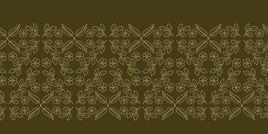 Çiçek yaprağı paisley motifi dikiş sınır çalışan. Viktorya dönemi iğne işi dikişsiz vektör deseni. El dikişli boteh foulard tekstil kurdele döşeme. Eski yeşil el sanatları dekor. Nakış yorgan şablonu.