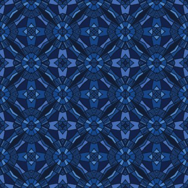 Indigo mavi mozaik karo şekiller. Vektör deseni sorunsuz arka plan. El çizilmiş geometrik yorgan ızgara grafik illüstrasyon. Trendy retro ev dekorasyonu, boho erkeksi moda baskı, lacivert jeo duvar kağıdı.