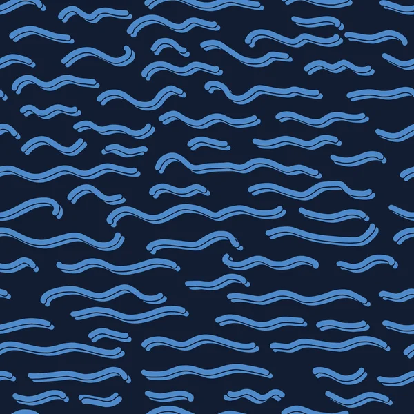 海军蓝洋波无缝矢量图案。手绘海滨海滩水瓦。波浪水各地打印航海博客，航海纺织品，海上家居装饰。潮湿的湖泊，河流，海布 — 图库矢量图片