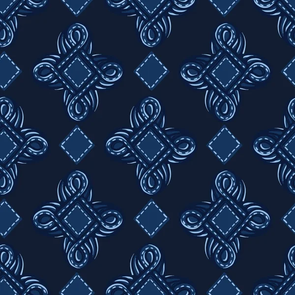Индиго голубой орнамент огиевой формы. Векторный рисунок бесшовный фон. Ручной рисунок драгоценных камней. Модные ретро домашний декор, барокко мужской принт моды, военно-морской декоративные обои — стоковый вектор