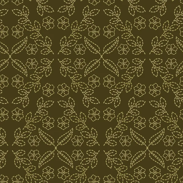 Floral folha motivo correndo estilo de ponto. Padrão vetorial sem costura bordado vitoriano. Mão costurar brocado ornamental impressão têxtil. Decoração de casa de artesanato antigo verde velho. Modelo de colcha de bordado . — Vetor de Stock