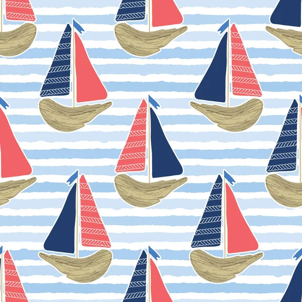 Cute driftwood sailboat on the blue ocean sea pattern. Marine water stripes seamless vector background. Sailing vessel for nautical all over prints, cruise fashion textiles, beach vacation travel fun. — Stock Vector
