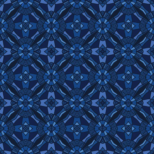 Indigo mavi mozaik karo şekiller. Vektör deseni sorunsuz arka plan. El çizilmiş geometrik yorgan ızgara grafik illüstrasyon. Trendy retro ev dekorasyonu, boho erkeksi moda baskı, lacivert jeo duvar kağıdı.