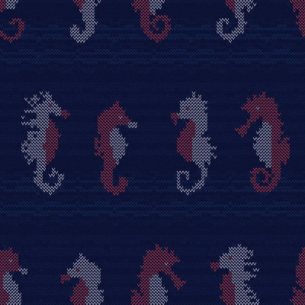 Mignon hippocampes tricot motif illustration de point. Animaux marins dessinés à la main fond vectoriel sans couture. Vêtements de plage nautiques, imprimés mode pull marin. Sealife tricoté partout imprimer . — Image vectorielle